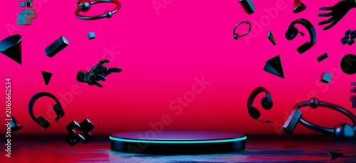 abstract backgound video game of scifi gaming cyberpunk, vr virtual reality simulation and metaverse, scene stand pedestal stage, 3d illustration rendering, futuristic neon glow room