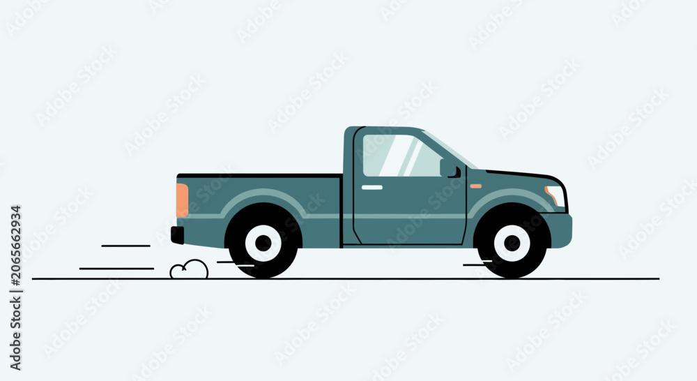 Fototapeta premium teal pickup truck driving fast on road