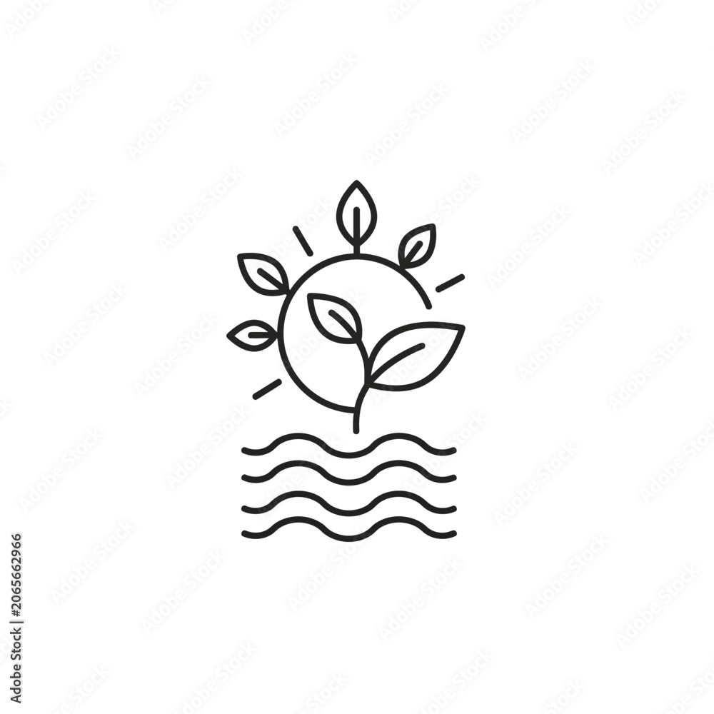 Fototapeta premium Line art icon of sun, sprout, and water ripples.