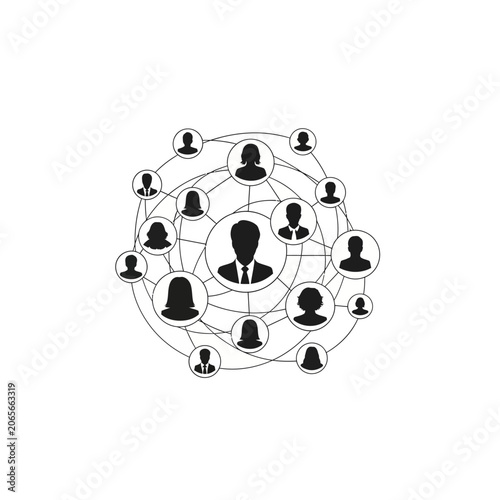 Network diagram with central leader silhouette.