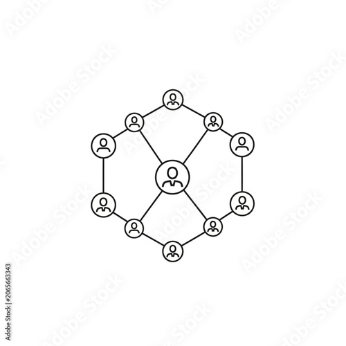 Network of people icons connected in a circular web.