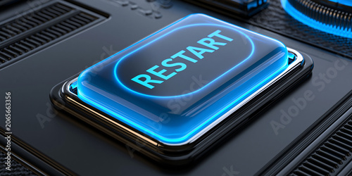 blue glowing restart button on metallic background, neon power restart switch technology concept, futuristic blue reboot button
