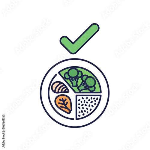 Nutritional plate diagram with healthy food portions icon.