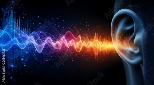 Digital sound waves conceptual visualization entering human ear anatomy
