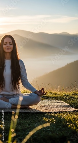 Woman in blue dress sitting on mountain cliff overlooking valley.