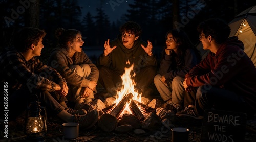 Group of friends camping telling ghost stories around a campfire at night