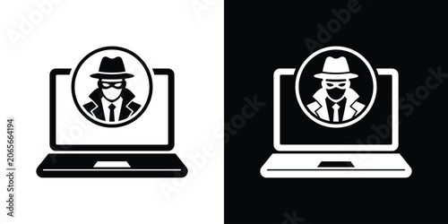computer security breach concept vector. Hacker or spy icon overlaying a laptop screen in black and white styles.