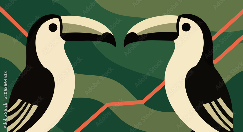 Obraz premium Toucan, colorful toucans, tropical birds, green background, vector illustration