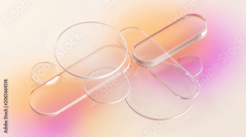 Abstract background with transparent glass geometric shapes and soft pastel gradients.