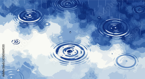Rainy day background, water ripples, blue cloudy sky, rainy weather vector
