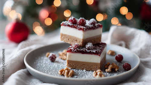 A shot of two stacked square desserts with a two layer composition a lighter brown bottom and a white top. the top dessert is adorned with red berries. Ai generated
