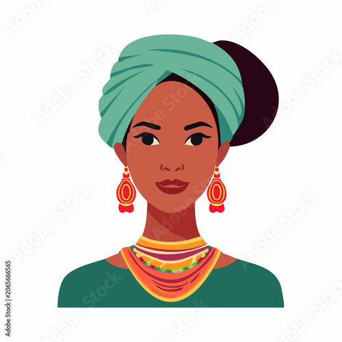 Portrait of a Woman Wearing a Teal Turban and Colorful Jewelry