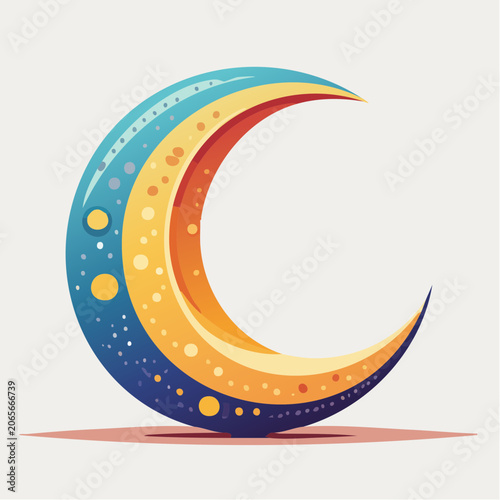 Stylized Crescent Moon with Colorful Layers and Dots