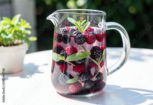 Refreshing Berry Infused Water in Pitcher: A crystal-clear pitcher filled with vibrant red raspberries and deep purple blackberries, infused with fresh mint, sits invitingly outdoors on a sunny day.