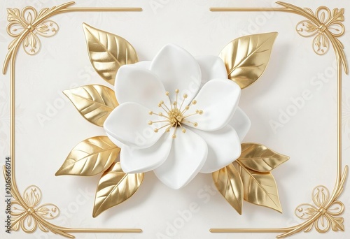 Magnificent Magnolia Bloom: A striking white magnolia flower, adorned with opulent golden leaves and delicate decorative border, presents an image of exquisite beauty and elegance.