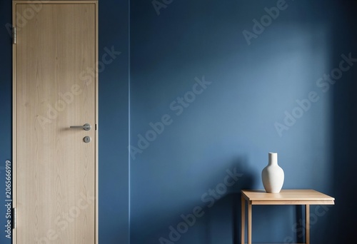 Minimalist Interior Design: A sleek wooden door stands adjacent to a deep blue wall, complemented by a simple vase on a small table, creating a serene and modern aesthetic.