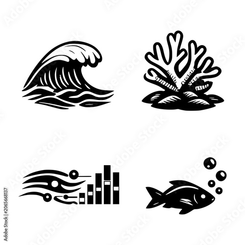 Oceanic Icons: A collection of four stylized graphic icons representing the ocean's essence: a powerful wave, a vibrant coral, a dynamic abstract representation of underwater movement.