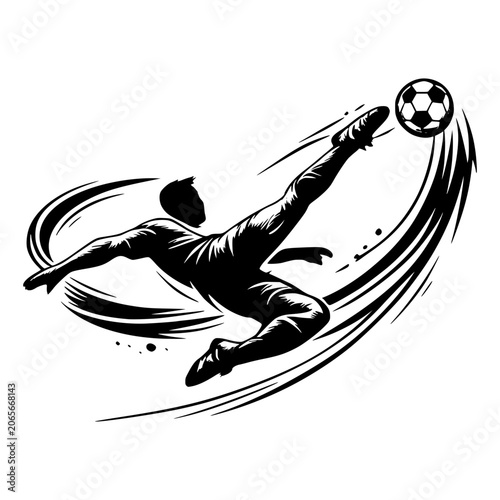 Soccer Player's Acrobatic Kick: A dynamic silhouette of a soccer player executing a spectacular bicycle kick, captured in a moment of athletic prowess.