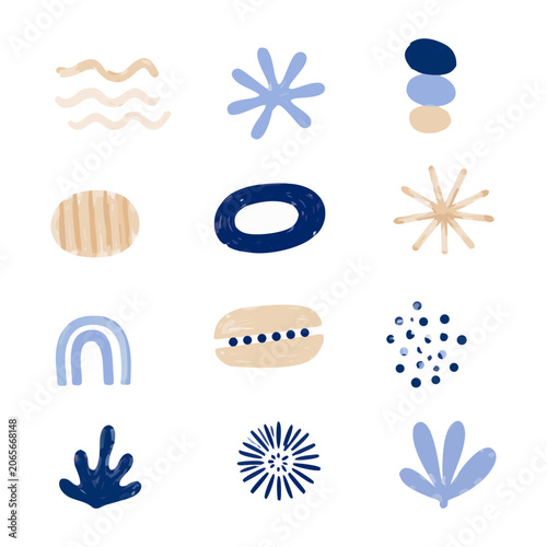 Abstract coastal icon set inspired by ocean landscapes, seashells, waves, coral forms, and marine textures. 