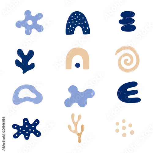 Abstract coastal icon set inspired by ocean landscapes, seashells, waves, coral forms, and marine textures. 