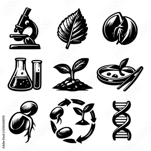 Science of Growth: A collection of scientific icons depicting the biological processes of plant growth and development, including a microscope, leaf, sprout, petri dish, DNA helix.