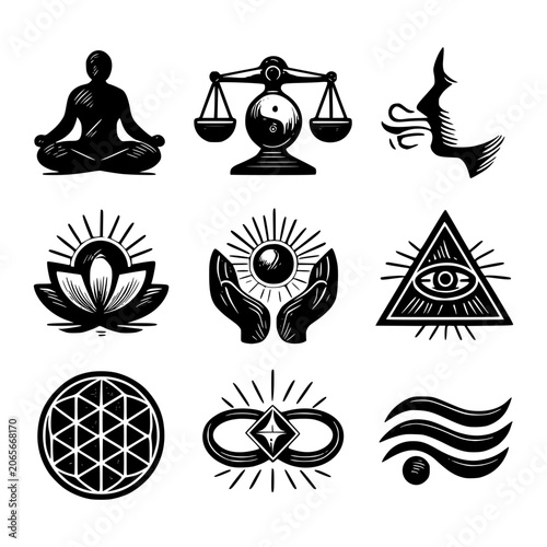 Mystical Symbols Collection: A graphic collage featuring diverse mystical and spiritual symbols, including a meditating figure, a balanced scale, a lotus flower, and the Eye of Providence.