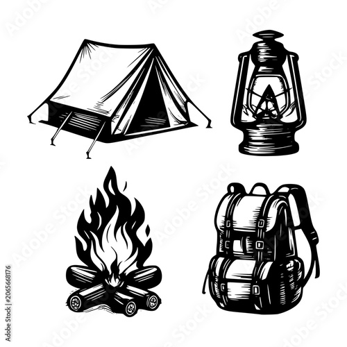 Camping Gear Illustration: A vintage-style illustration depicts essential camping equipment: a tent, a kerosene lantern, a campfire, and a backpack, evoking adventure and outdoor exploration.
