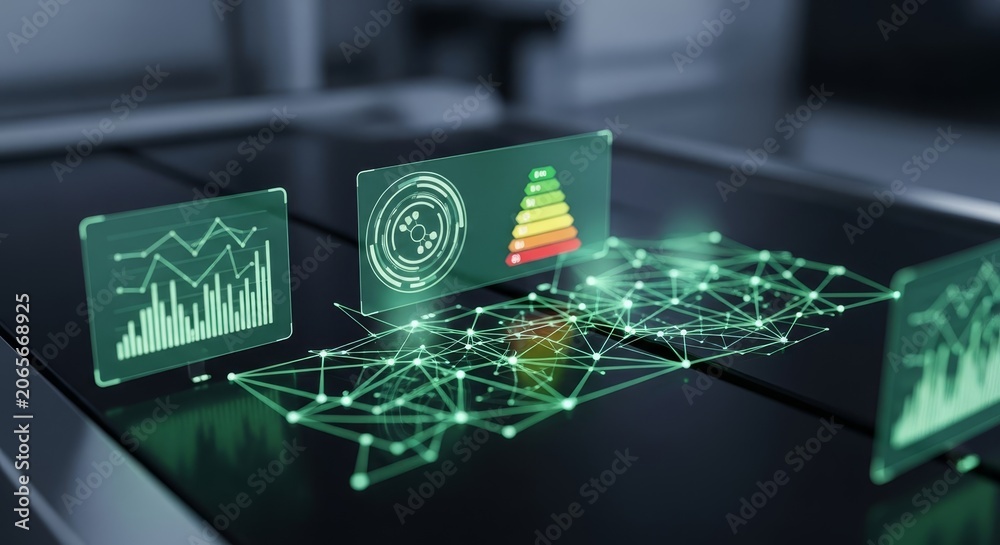 © Teh - Futuristic Digital Network Displaying Analytics Charts and Energy Efficiency Bar Graph for Business Insights