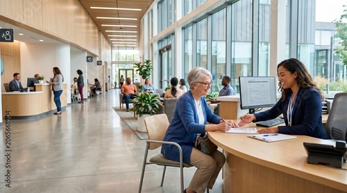 Friendly receptionist helping senior citizen at a desk inside a modern public service center hall