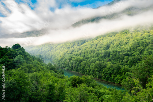 Misty Drina River valley near Foca in Bosnia and Herzegovina
