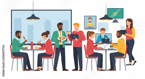 Diverse Office Employees Having Lunch Break in Modern Company Cafeteria, Team Members Eating and Socializing in Corporate Canteen Vector Illustration