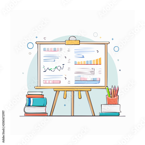 Flat design illustration of a presentation board with charts and books