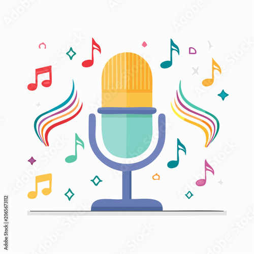 Retro Microphone with Colorful Music Notes and Swirls