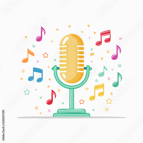 Retro Microphone with Colorful Musical Notes and Stars