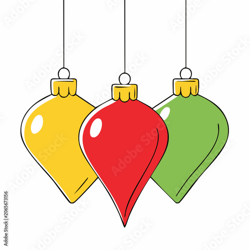 Three hanging Christmas ornaments in red, green, and yellow