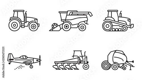 Heavy Agricultural Machinery Line Icon Set with Tractor Combine and Crop Duster