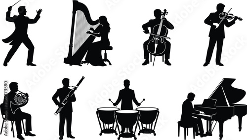 Fotografie Classical orchestra musicians and conductor playing various instruments includin