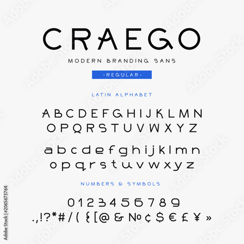 Modern geometric sans serif font specimen with Latin alphabet, numbers and symbols. Clean branding typography for logos, visual identity systems, technology products and editorial projects.