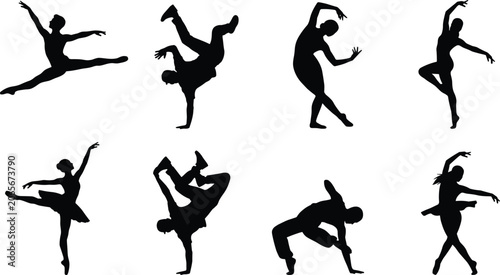 Картината върху платно Dancers silhouette icon set showcasing ballet breakdance contemporary and modern