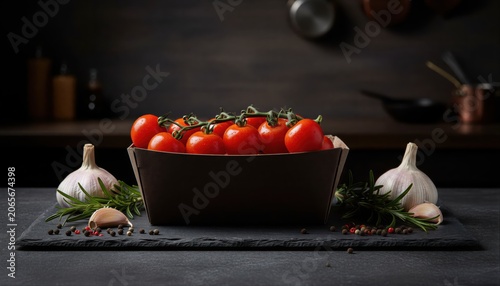 Gourmet vine tomatoes in dark tray with herbs and garlic
