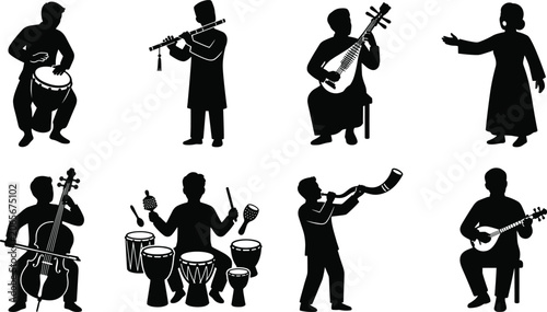 Fotografie Traditional musicians and singers performing with folk instruments including dru