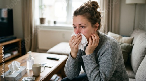 Sick person wiping runny nose with tissue during flu cold or allergy symptoms