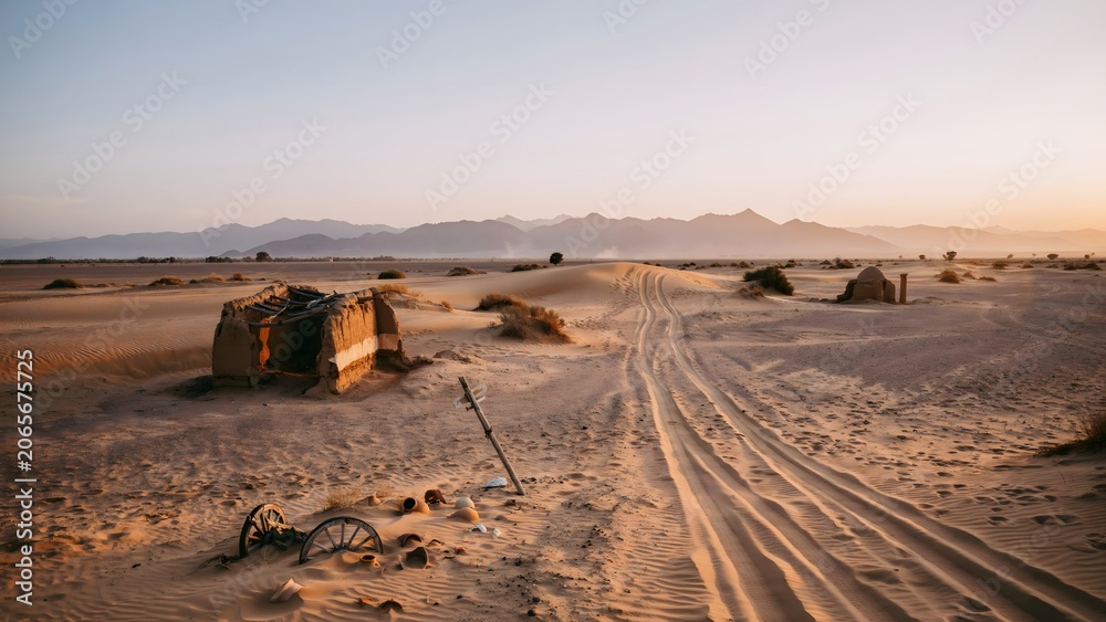 Obraz premium Desert Landscape with Abandoned Vehicle and Mountain Horizon at Sunset