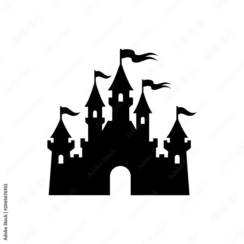 Fototapeta premium Silhouette illustration of a fairytale castle with turrets and waving flags
