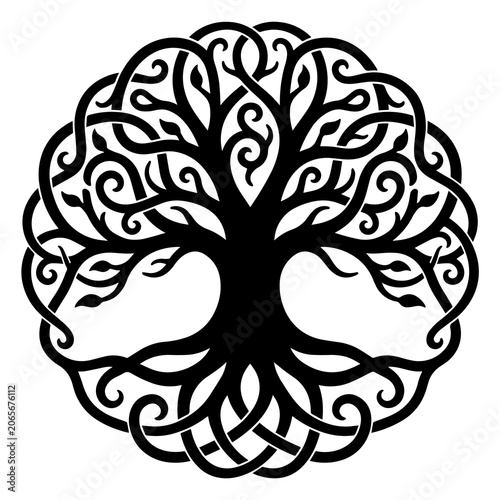 Foto Celtic tree of life circular symbol with intricate knotwork and scrolling roots