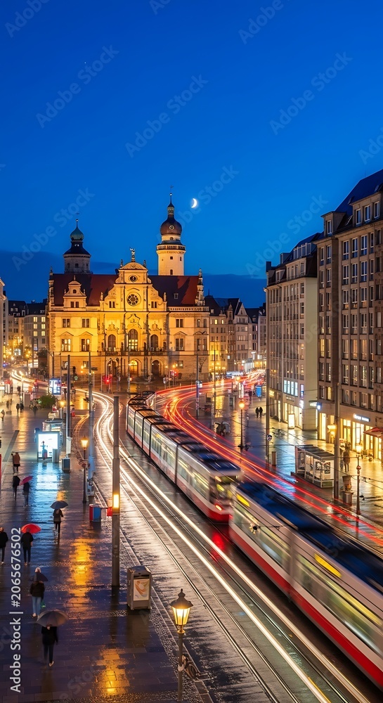 Obraz premium Golden hour cityscape with historic cathedral and train.