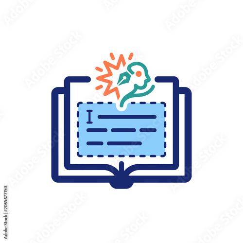 Creative writing and storytelling concept icon with open book and human head profile.