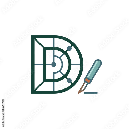 Creative Letter D Logo Design with Technical Drawing Pen and Geometric Grid Lines.