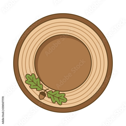 Circular wood slice illustration with oak leaves and acorn on white background.