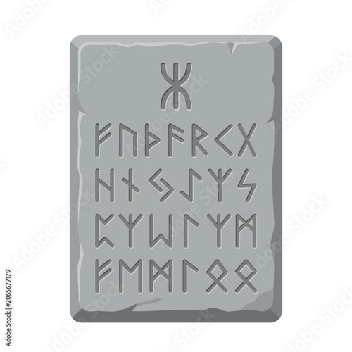 Ancient Stone Tablet with Carved Nordic Runes and Mystic Symbols.